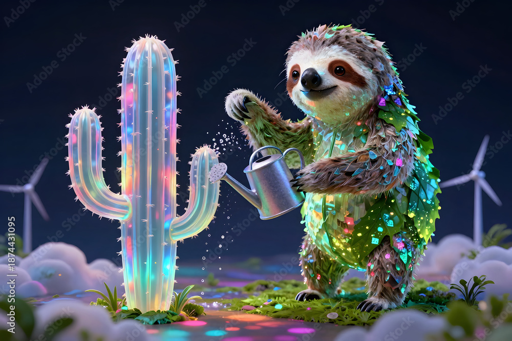 Fototapeta premium Whimsical Sloth Watering Glowing Cactus at Night