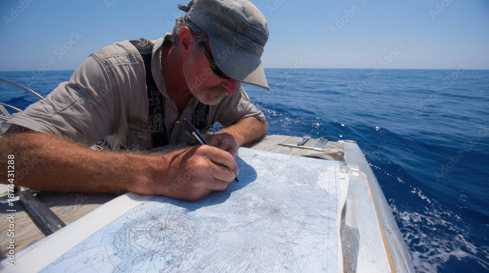 Naklejka premium Expert marine archaeologist sketches detailed site maps of historic shipwreck locations coordinating with crew against a backdrop of open sea.