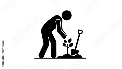 Person planting a small seedling with a shovel icon.