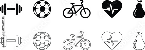 Set of fitness and health icons dumbbell, soccer ball, bicycle, heartbeat, and pear in solid and outline styles