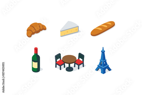 Isometric french cuisine icons with eiffel tower, wine, and baguette