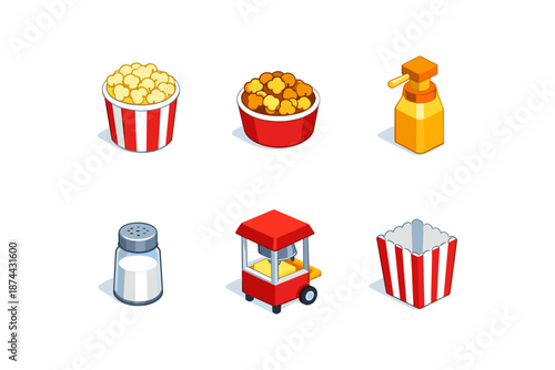 Isometric popcorn and snack icons with popcorn machine and containers