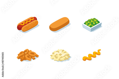 Isometric hot dog ingredients set with toppings and garnishes