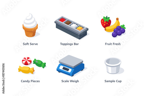 Isometric dessert elements: soft serve, toppings bar, fresh fruit, candy, scale, sample cup
