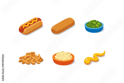 Isometric fast food elements: hot dogs, toppings, and snacks in colorful 3d style