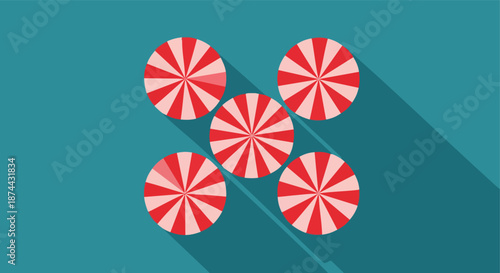 Five striped candies arranged on a blue background with long shadows creating a playful and cheerful visual effect for design