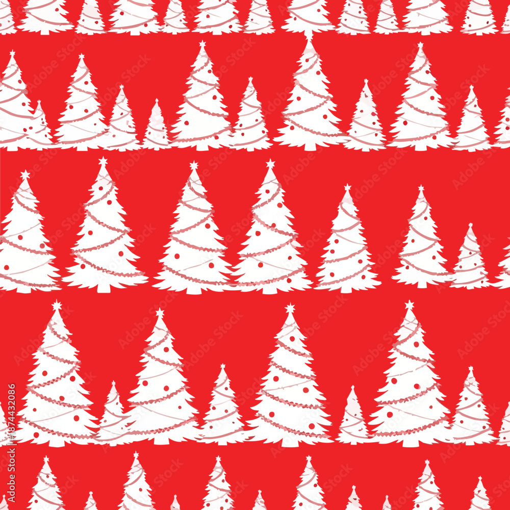 Obraz premium Repeating pattern of white Christmas trees with garland decoration on a vibrant red background festive holiday design