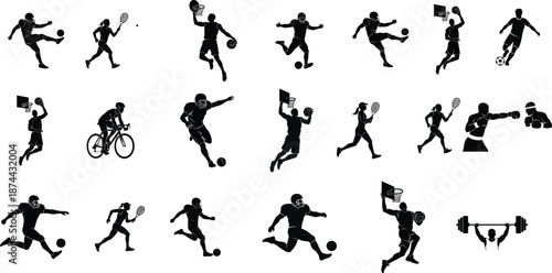 Sports athlete silhouette vector set showing soccer, basketball, tennis, cycling, boxing, and fitness actions in dynamic black silhouettes for logos, posters, and design use