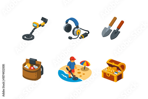Beach treasure hunting: isometric icons of metal detector, gold chest, and digging tools