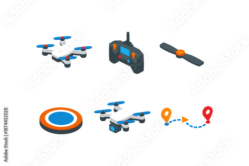 Isometric drone technology elements with controller and navigation icons