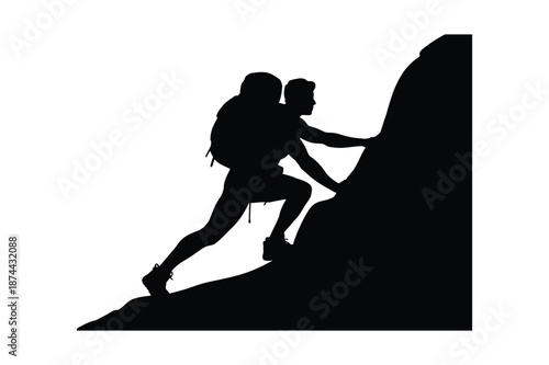 Silhouette of a hiker climbing a steep mountain peak