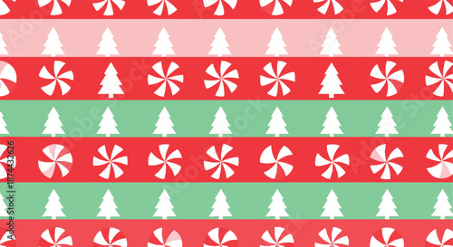 Festive holiday pattern with candy and trees on striped background for seasonal design projects and digital art