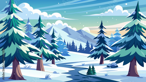 A serene winter landscape illustration featuring snow-laden pine trees and a winding river