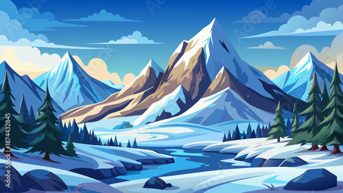 A serene winter mountain landscape with a flowing river and evergreen trees under a clear blue sky