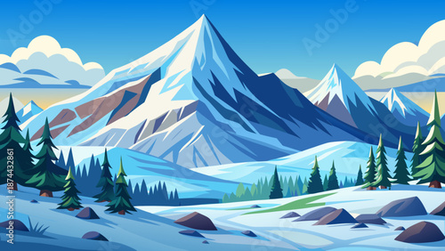 Majestic snow-capped mountain range with vibrant pine forests under a clear blue sky