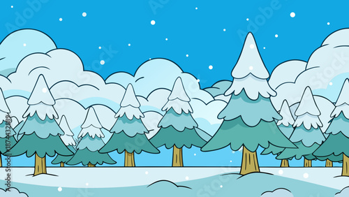A delightful cartoon winter wonderland with snow-covered fir trees and falling snowflakes creating a serene landscape
