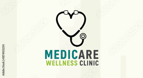 Minimalist stethoscope logo for a medicare wellness clinic presented on a pale background signifying health and care services