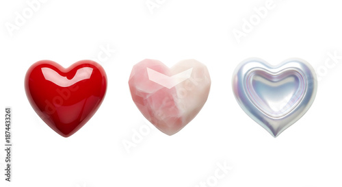Red, pink, and silver hearts, isolated on transparent background