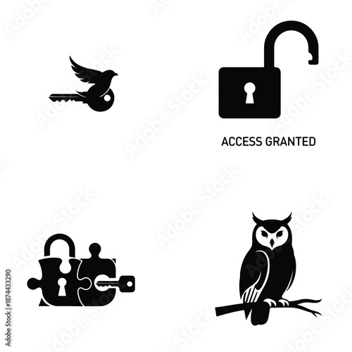 Access Granted Security Concept with Owl and Key Symbols for Success and Protection Vector Illustration