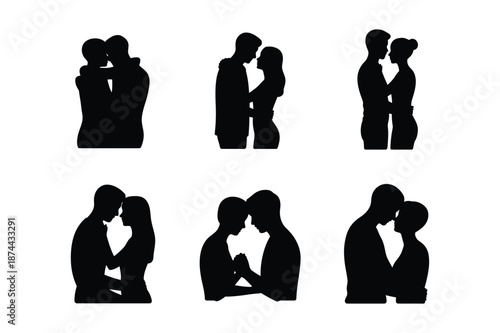 Collection of romantic couple silhouettes kissing and hugging