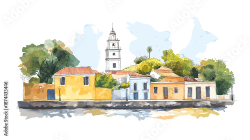 Colonia del Sacramento. Colonia del Sacramento hand drawn watercolor illustration