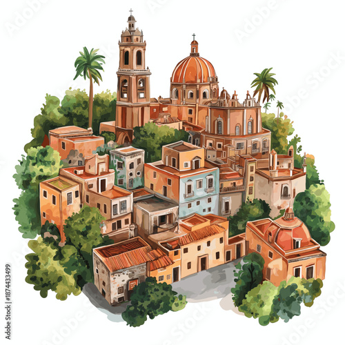 Mexico City Historic Centre. Mexico City Historic Centre hand drawn watercolor illustration