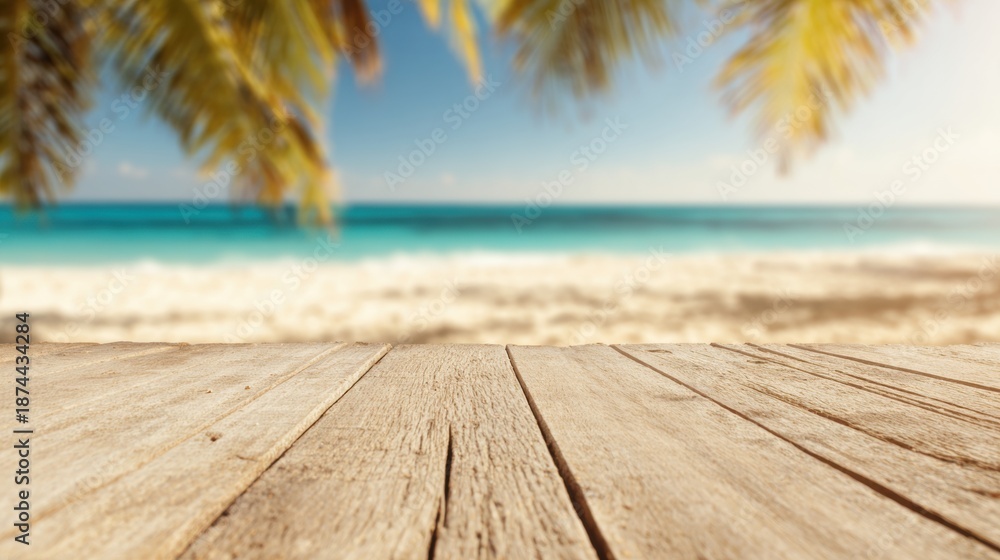 Fototapeta premium Wooden table with view of beach and ocean during sunny day