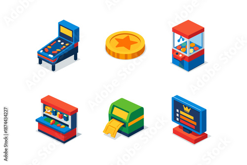 Retro isometric arcade icon set featuring classic games and prizes