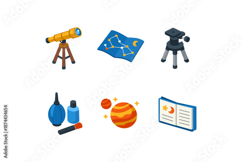 Astronomy tools and space icons: telescope, star map, planet, and more in flat style