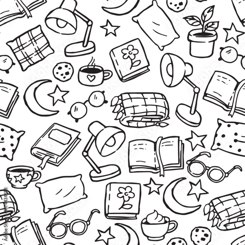 Cute seamless pattern of doodles on the theme of sleep.