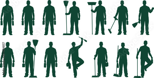 Black silhouette collection of sixteen cleaning staff figures holding mops, brooms, buckets, and spray bottles for janitorial service illustration