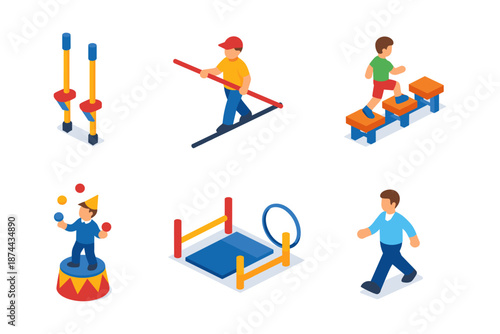 Isometric children engaging in outdoor activities and fun challenges