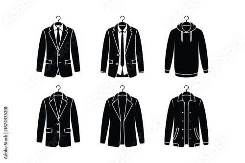 Set of men's clothing silhouettes including suits and hoodies
