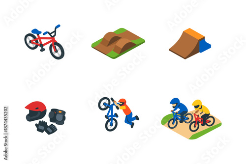 Isometric bmx bike and gear set with ramps and riders for cycling enthusiasts