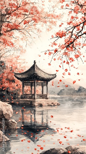 Wallpaper Mural Chinese style pavilions, terraces, and towers with petals falling Torontodigital.ca