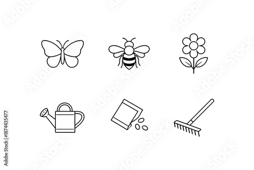Minimalist gardening icons set with butterfly, bee, flower, watering can, seeds, and rake