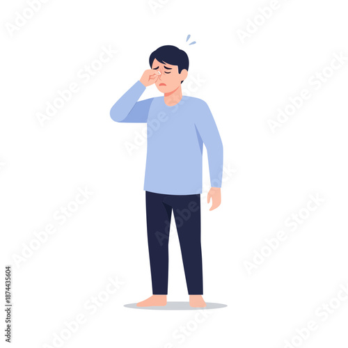 Man rubbing his eyes due to fatigue or irritation, feeling tired and unwell