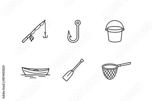 Fishing gear icons: minimalist line art set featuring rods, hooks, and paddles for outdoor enthusiasts