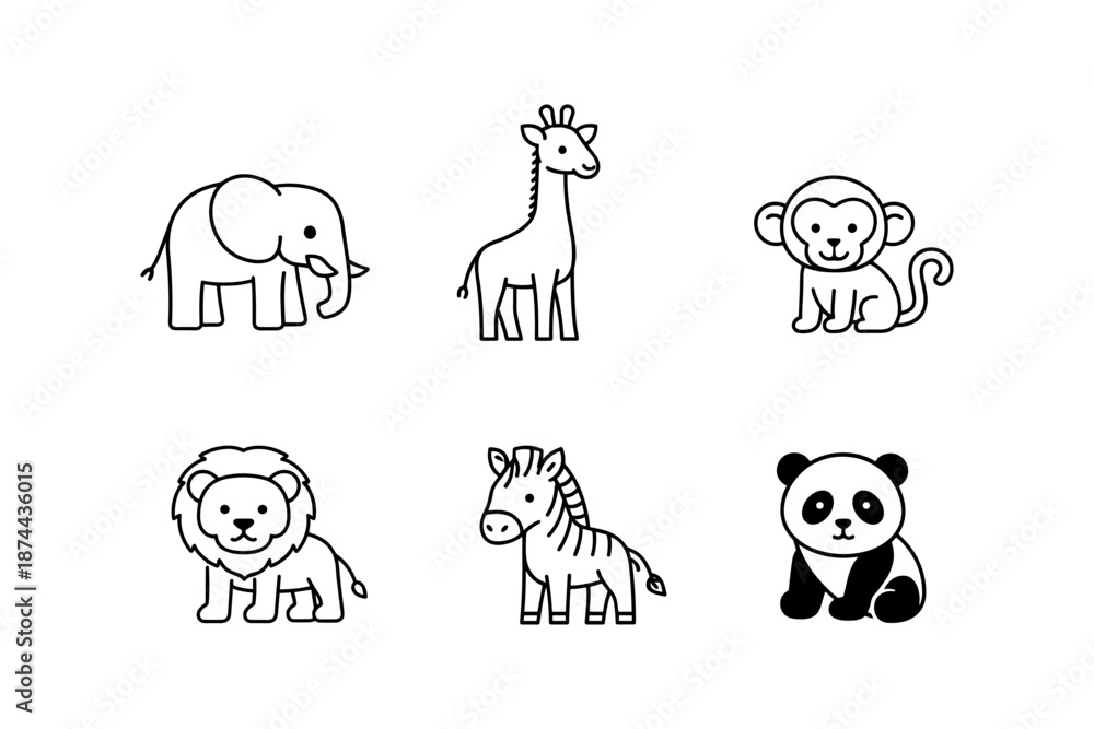 Fototapeta premium Adorable outline safari and jungle animals set for kids