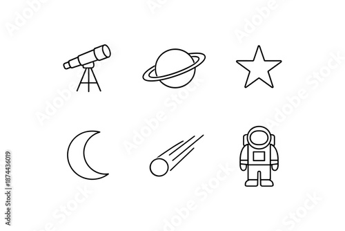 Minimalist space icons: telescope, planet, star, moon, astronaut