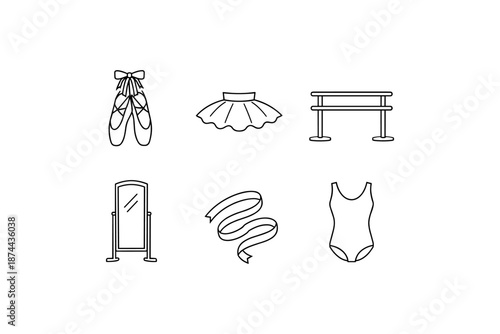 Minimalist ballet essentials: shoes, tutu, barre, and accessories in line art