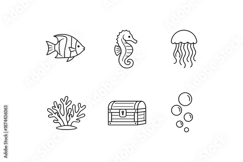 Aquatic life icons: marine creatures and objects in minimalist outline style