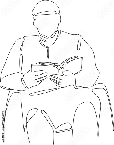One continuous single drawing line art flat doodle man, elderly, chair, reading, old, mature, senior, sitting. Isolated image hand draw contour on a white background, hand drawn, not AI