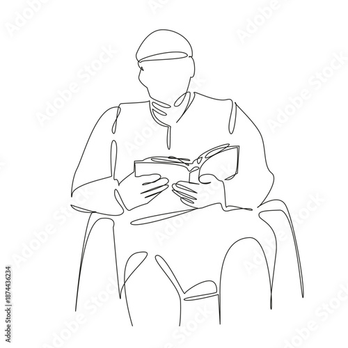 One continuous single drawing line art flat doodle man, elderly, chair, reading, old, mature, senior, sitting. Isolated image hand draw contour on a white background, hand drawn, not AI
