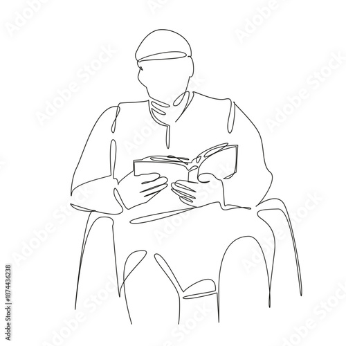 One continuous single drawing line art flat doodle man, elderly, chair, reading, old, mature, senior, sitting. Isolated image hand draw contour on a white background, hand drawn, not AI