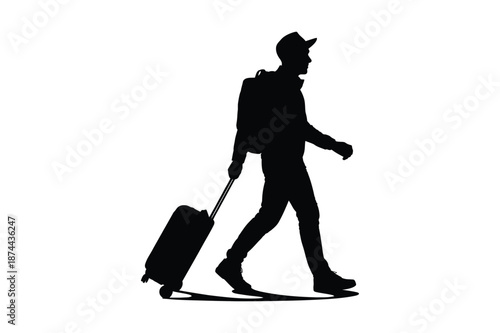 Silhouette of a traveler walking with a suitcase and backpack