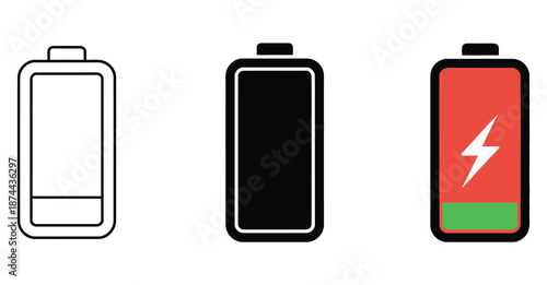 Battery Icons Representing Different States of Charge, Clean Vector Graphics Displaying Full, Half, Low, and Empty Power Levels for Smartphones, Laptops, Web Design, Mobile Apps, UI UX, and Digital Me