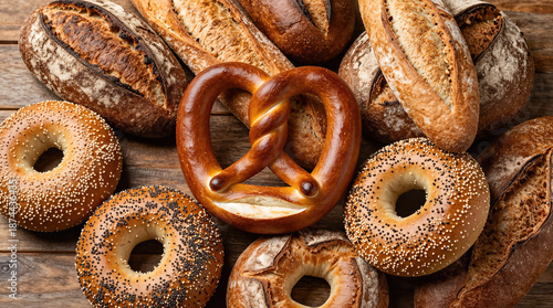 Assorted bread and pretzel on wooden table