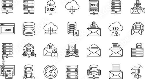 Vector illustration of cloud computing and hosting icon collection with server, email, lock, SSD, speed, network, and data management symbol design