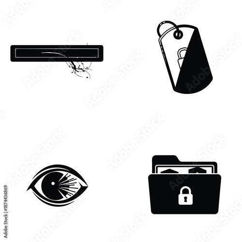 Digital security and biometric authentication icons set with fingerprint, eye scan, key tag, and locked smartphone